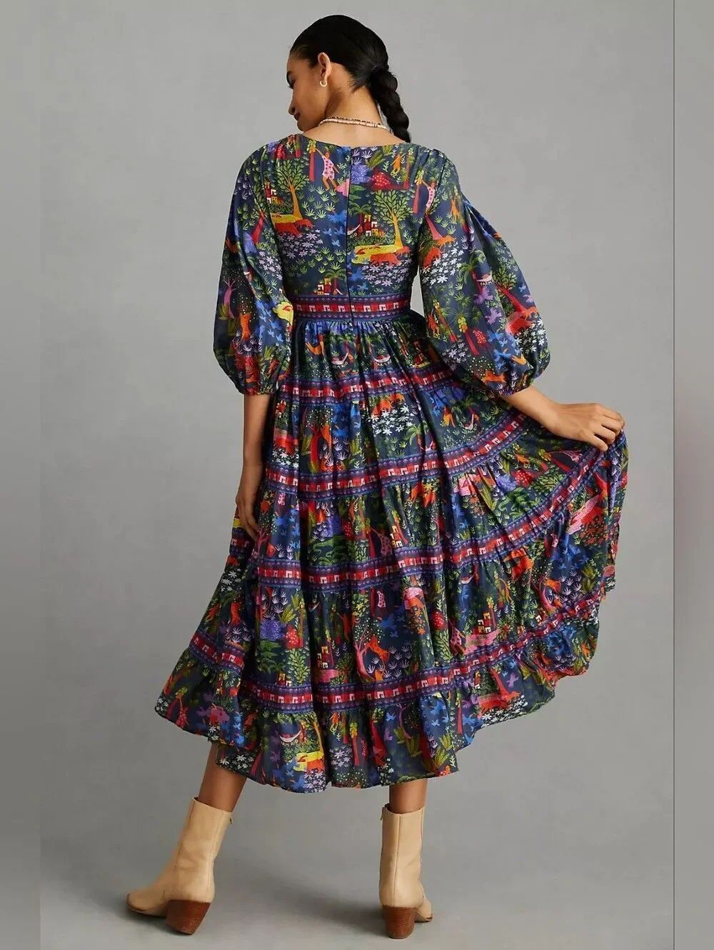 Farm Rio V-Neck Midi Dress V-Neck Floral Tiered Midi Dress in Navy Size Small - Picture 2 of 10